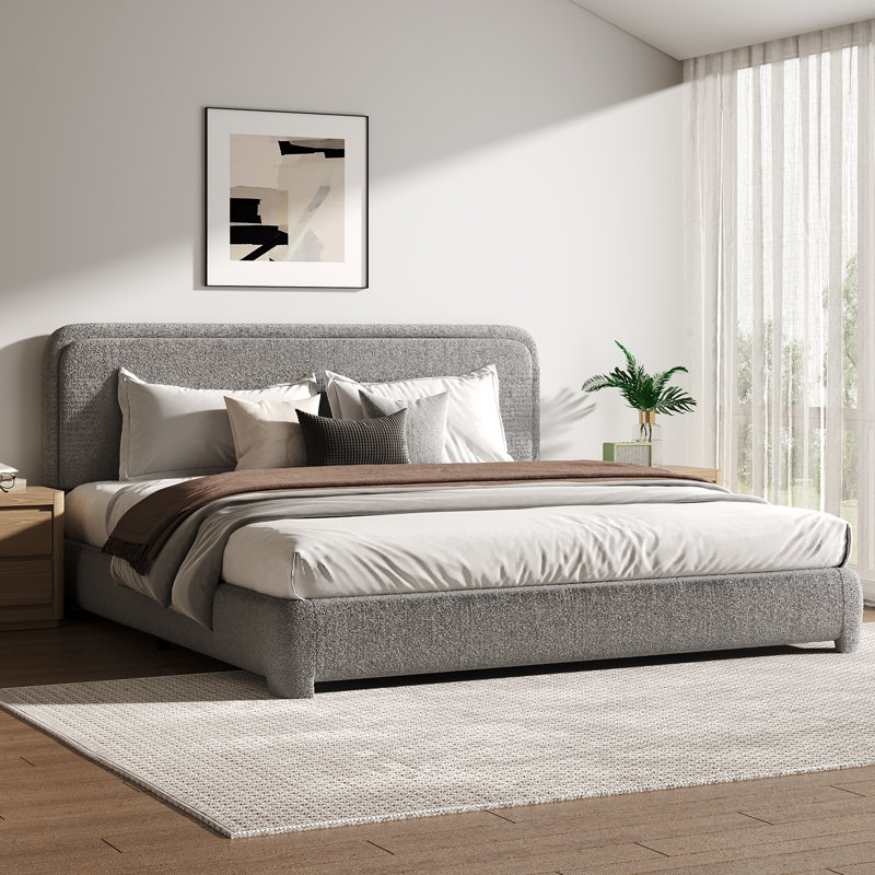 Lit plateforme tapissier Bensu Boucle, Très grand lit, Gris clair
