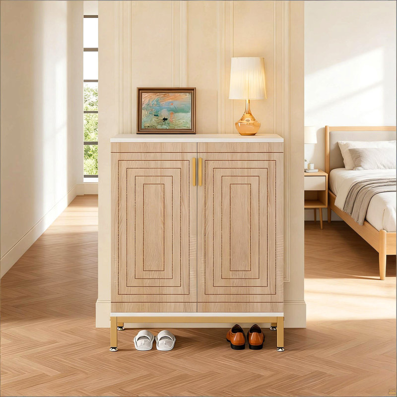 Rangement à chaussures durable, armoire à chaussures spacieuse, armoire à chaussures d'entrée, Blanc / naturel / or
