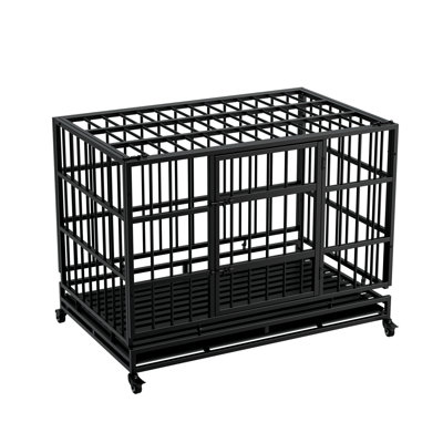 48 Inch Dog Crate Featuring Wheels, Low - Threshold Entrance For Dogs, Rust Finish Indestructible Metal On Wide Double Door Interaction,