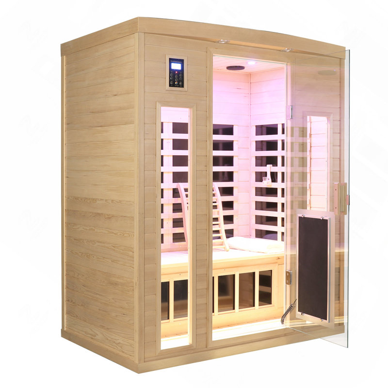 Sauna intérieur en pruche à faible champ électromagnétique pour 3 personnes avec porte en verre chauffante
