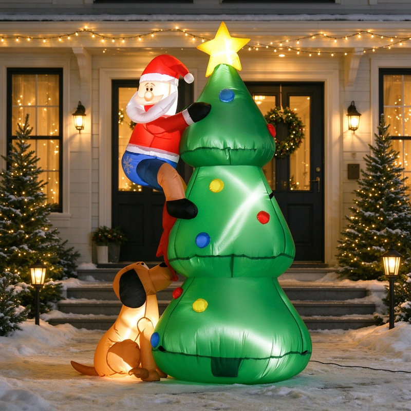 LED Lighted Blow Up 6ft Inflatable Christmas Tree, Indoor Outdoor Garden Lawn Home Party Decoration, Built in Santa Claus and Dog Design