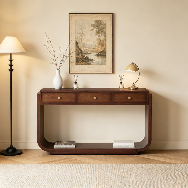 Console en noyer classique avec plusieurs tiroirs de rangement et table d'appoint à pieds ouverts, Brun