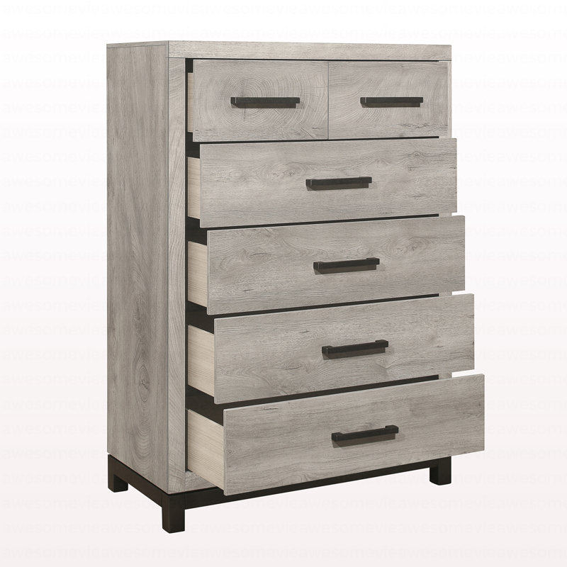 Commode de chambre à coucher bicolore à finition grise 1 pièce avec 5 tiroirs de rangement