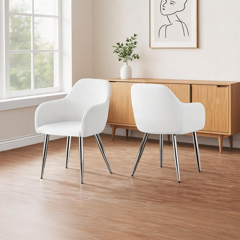 Chaises de salle à manger modernes à accoudoirs compacts, similicuir blanc classique avec pieds en métal chromé, ensemble de 2 pour la cuisine et la salle à manger