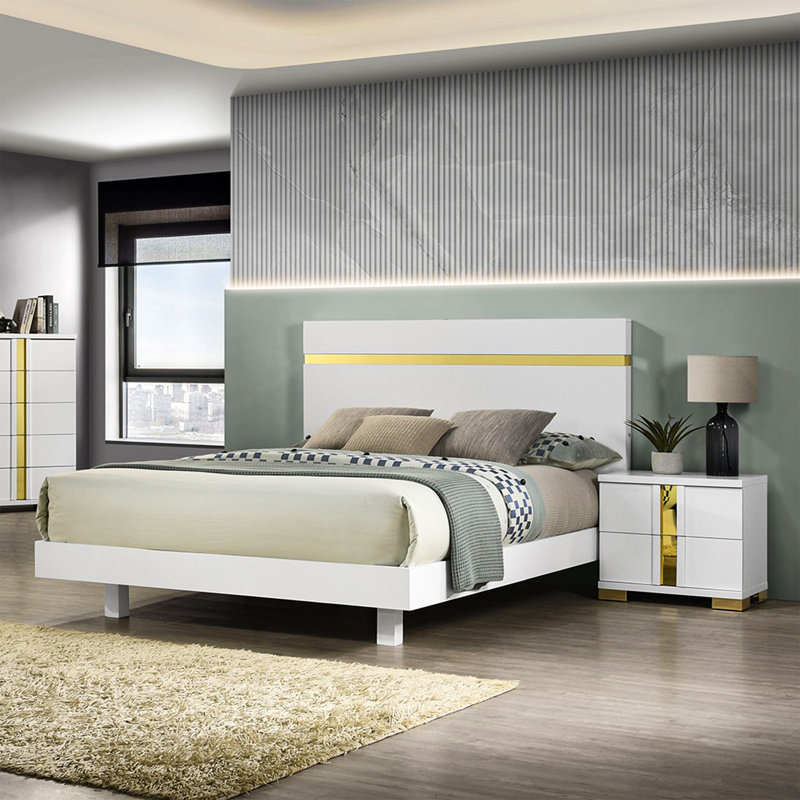 Modern White Queen Bed Set With LED & 2 Nightstands – Platform Design