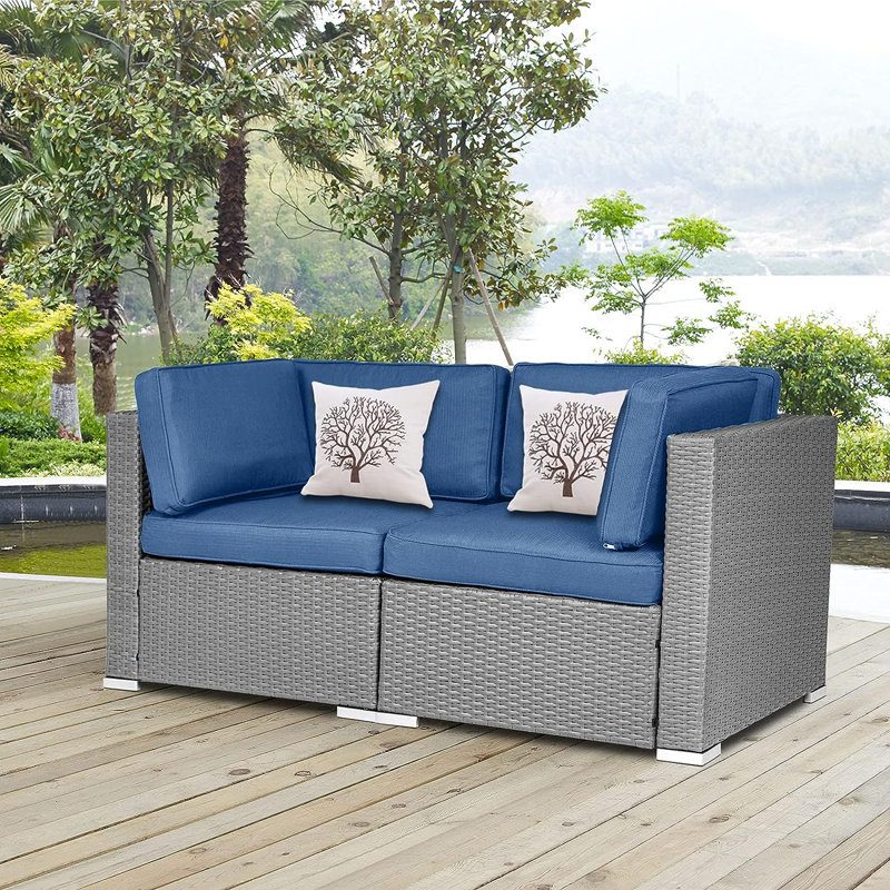 Rister 59'' Wide Wicker with Cushions, Denim Blue