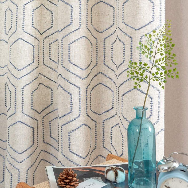 Linen Textured Honeycomb Embroidered Design Living Room Curtain Drapes, Blue, 54" W x 84" L