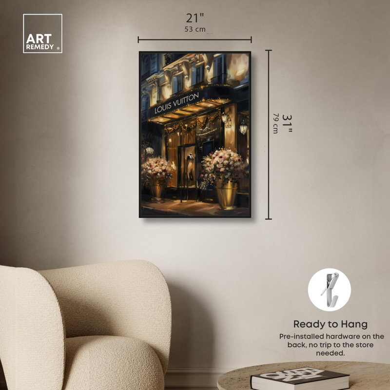 «Elegant Night Storefront» par Art Remedy, H 31 po x l 21 po, Reproduction encadrée sans passe-partout