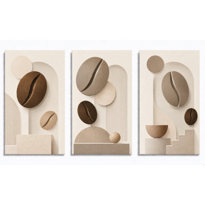 Extra-Large Set of 3 Coffee Bean Wall Art Canvas Prints Modern Neutral Abstract Geometric Kitchen Coffee Bar Cafe Decor Beige Brown 24x36 Inch Canvas Print - Ready to hang