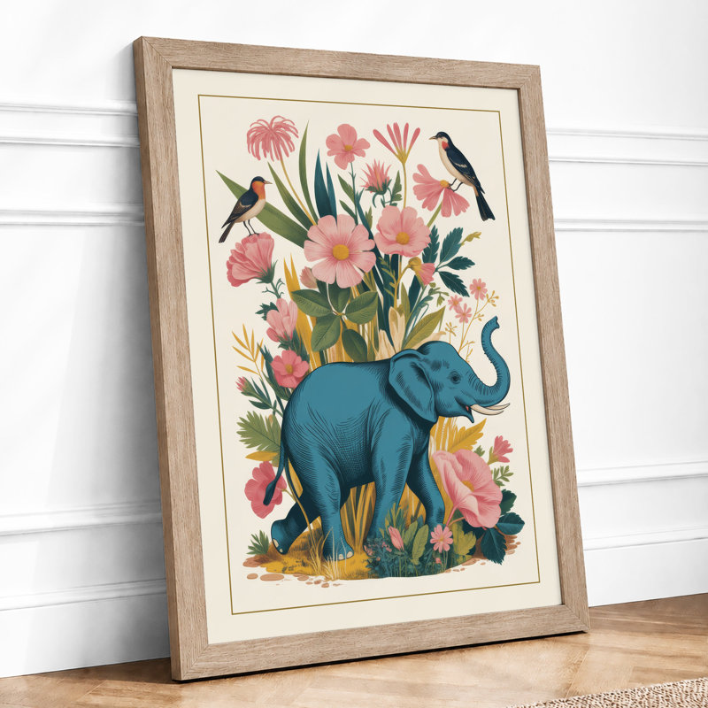 Elephant in Bloom Botanical - Framed Print, A1 - 84.1 x 59.4 cm, Oak