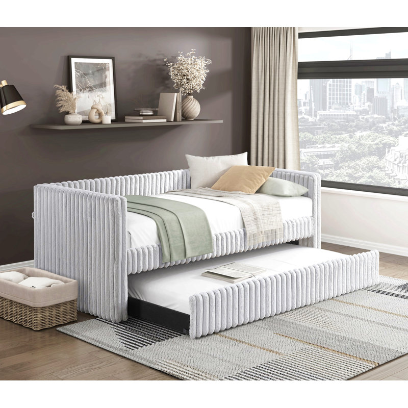 Daybed With Trundle Corduroy Fabric Upholstery Modern Luxury Home Furniture Durable Comfortable, Gray