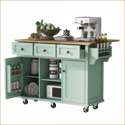 Îlot de cuisine avec plateau en bois d'hévéa rabattable, rangement et amp; Roues | Vert menthe | Moyen (40 à 55 po)
