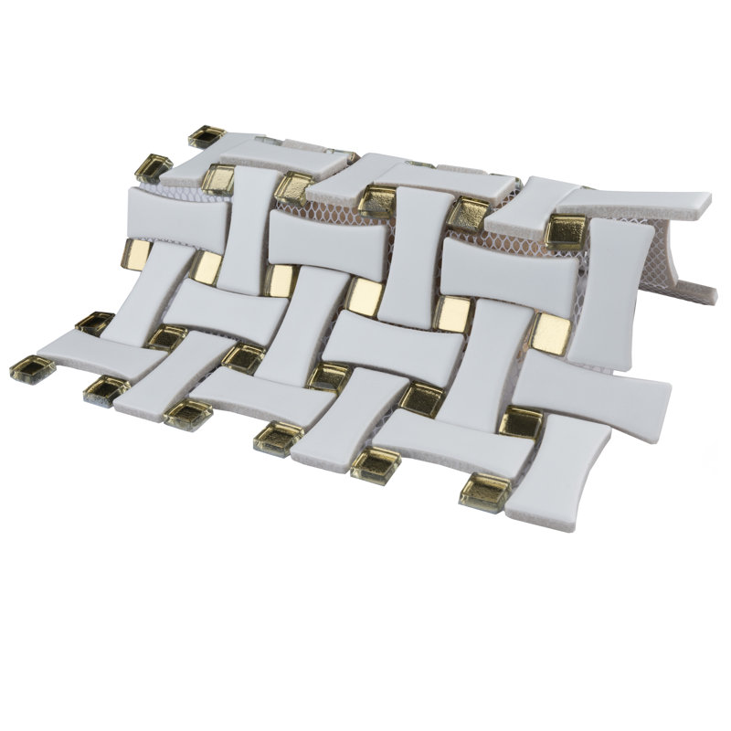 Metro Dog Bone Basketweave 0.92 In. X 2.26 In. Porcelain Basketweave Mosaic Wall Tile, Matte White w/Glass Gold Dot