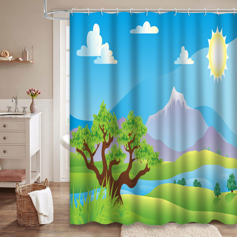 Scenic Summer Mountain Forest River Shower Curtain with 12 Hooks, L 72 po x l 78 po