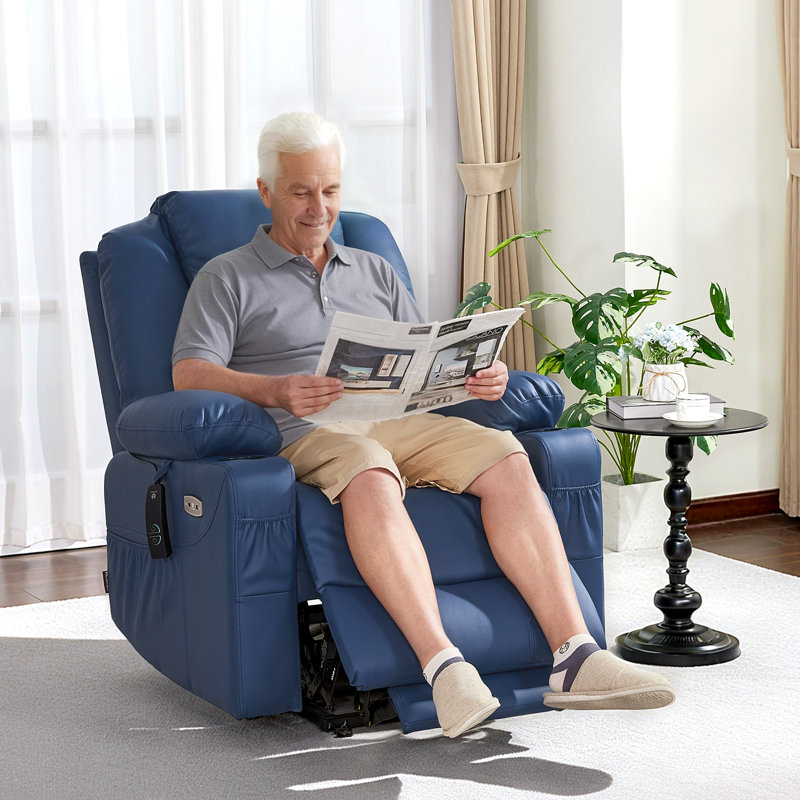 Courtois Medium Power Recliner Lift Chair with Massage and Heat, Faux Leather, Blue