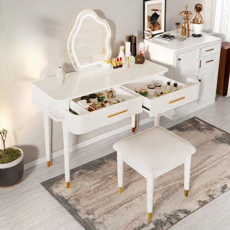 Modern Vanity Table Set With Touch Screen Lighted Mirror, Dressing Table And A Cushioned Stool
