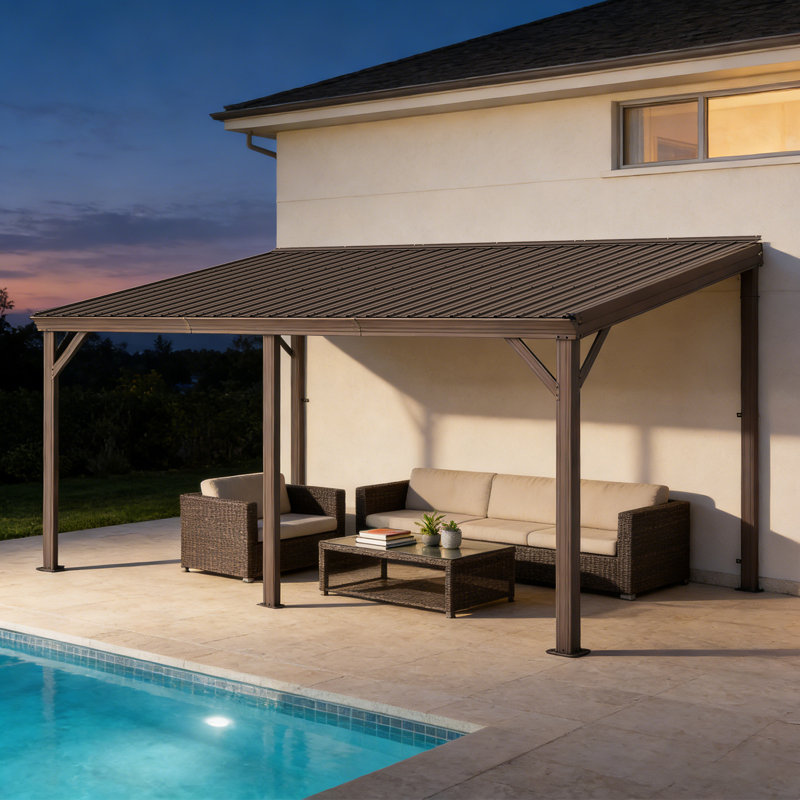 Pergola murale de terrasse avec toit en acier galvanisé incliné, 96.13" H x 189.7" W x 117.76" D, Brun