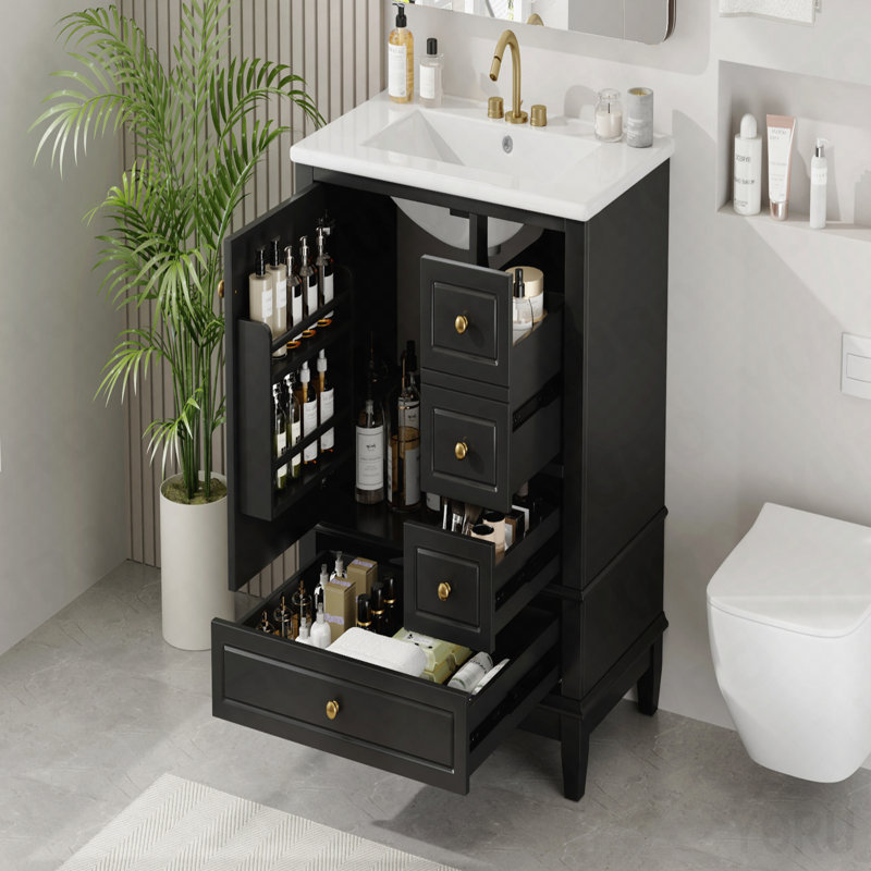 Meuble-lavabo 30 po avec lavabo, une porte avec tablette et trois tiroirs, porte à fermeture en douceur, noir, Black/Gold
