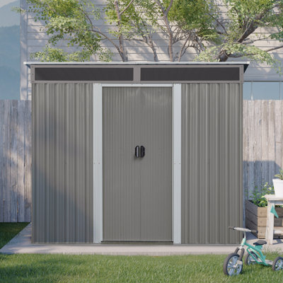 8ft X 6ft Outdoor Metal Storage With Lockable Sliding Doors And Transparent Plate For Garden, Lawn (Gray)