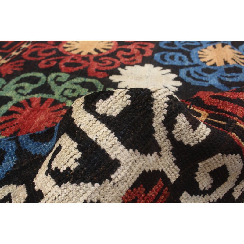 Tapis carré unique en laine noué à la main style Mogul des années 2010 de 6 pi 4 po noir / bleu / rouge Archibaldo