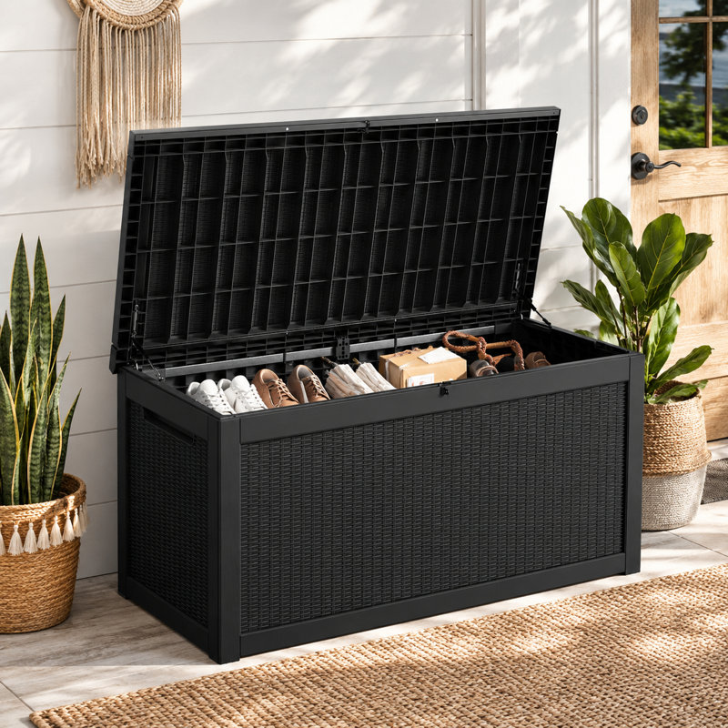 330 Gallons Water Resistant Resin Lockable Wicker  Deck Box, Black