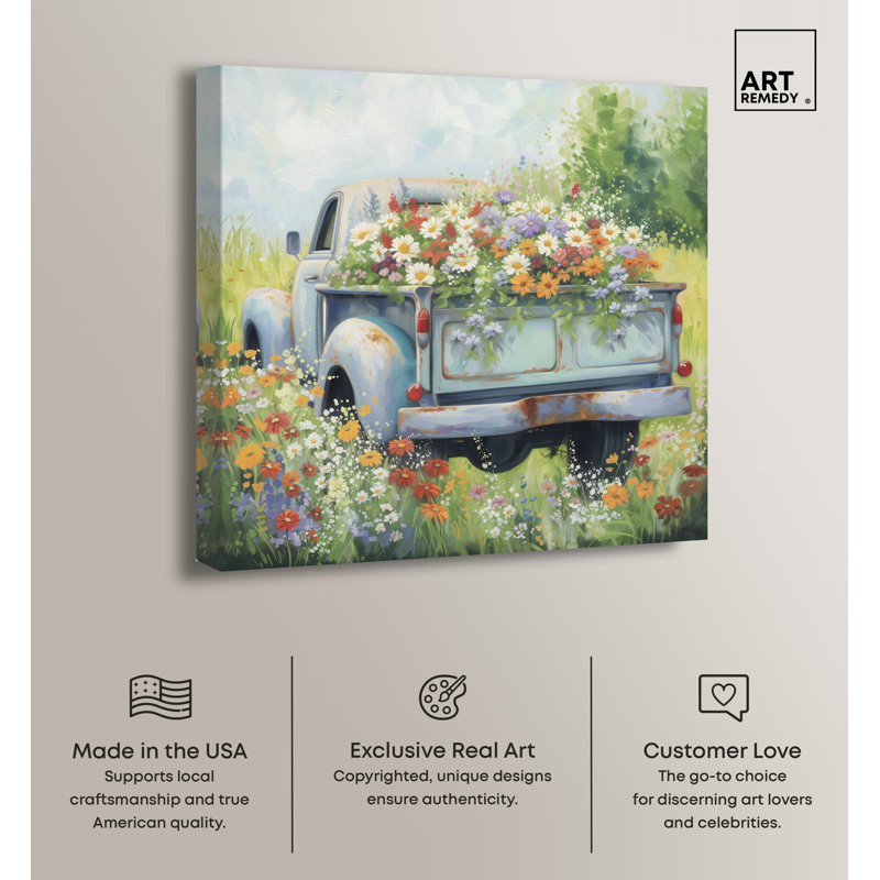 Camions rétro vintage et art mural ferme chic par Art Remedy, H 40 po x l 40 po, Toile tendue