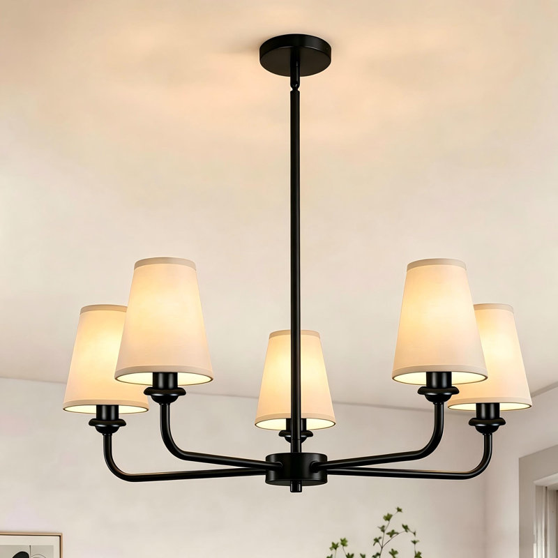 5-Light Black Chandelier with White Fabric Shades – Adjustable Pendant Lighting for Dining Room, Bedroom & Living Room, black