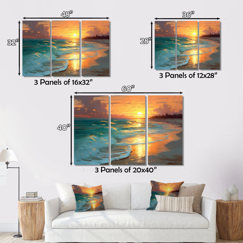Sable et mer des Caraïbes bleue, reproduction sur toile 3 pièces, H 28 po x l 36 po x P 1 po