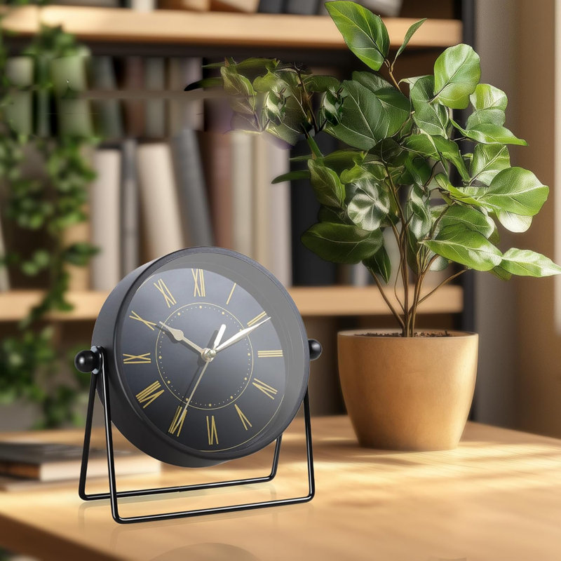 Horloge de bureau Vintage en métal noir et or - Horloge de cheminée à pile avec angle réglable