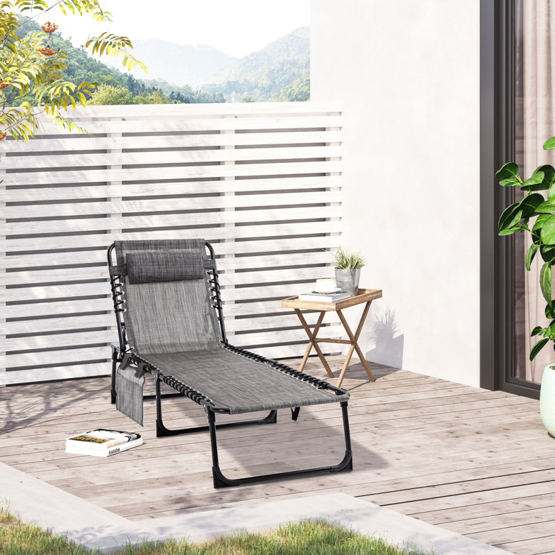 Outsunny Portable Sun Lounger Folding Camping Bed Cot Pillow Mixed Grey