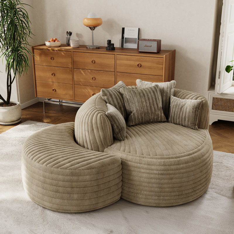 Corduroy Round Accent Chair with Crescent Ottoman Compression Chaise Lounge Chair, Light Brown