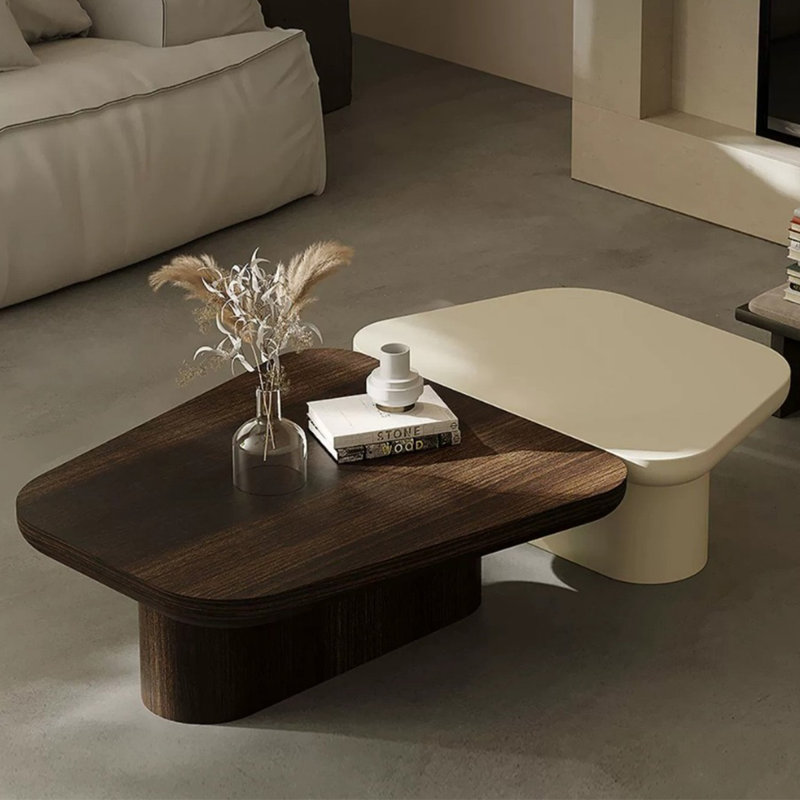 Ensemble de tables basses brunes et blanches en placage de bois véritable et contreplaqué, 32.28+19.69, Brun, blanc