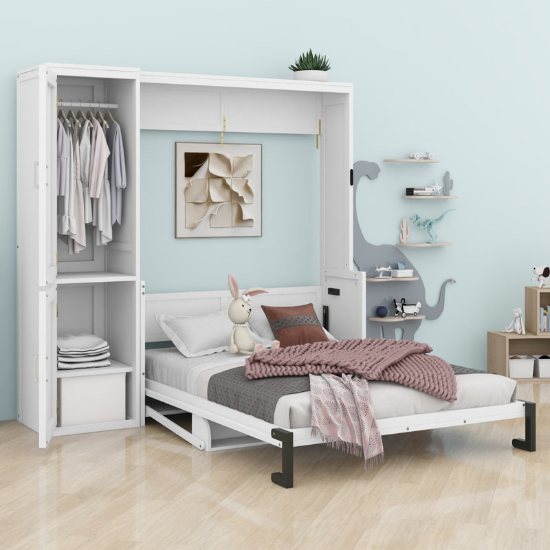 Lit escamotable en bois avec garde-robe, lit escamotable mural peu encombrant avec bureau, vérins à gaz, station de recharge