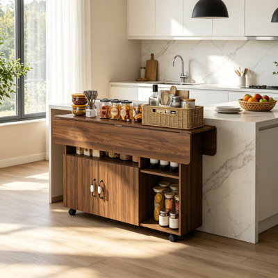 47" Folding Kitchen Island Cart with Storage Shelves and Wheels