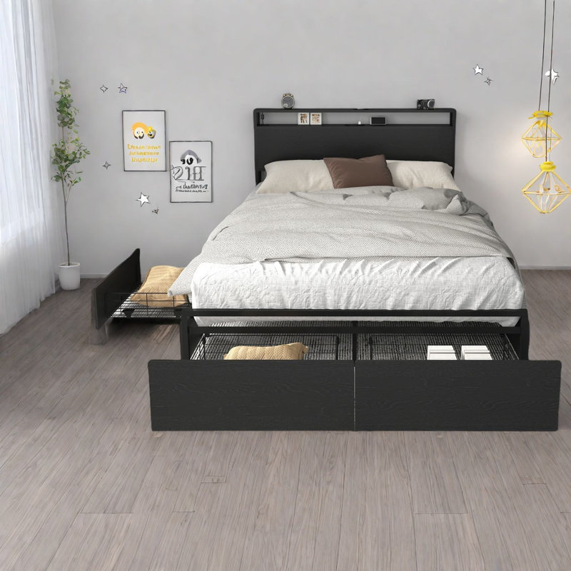 Lits modernes pleine grandeur, cadre en MDF et en métal avec rangement, solution pratique pour la maison