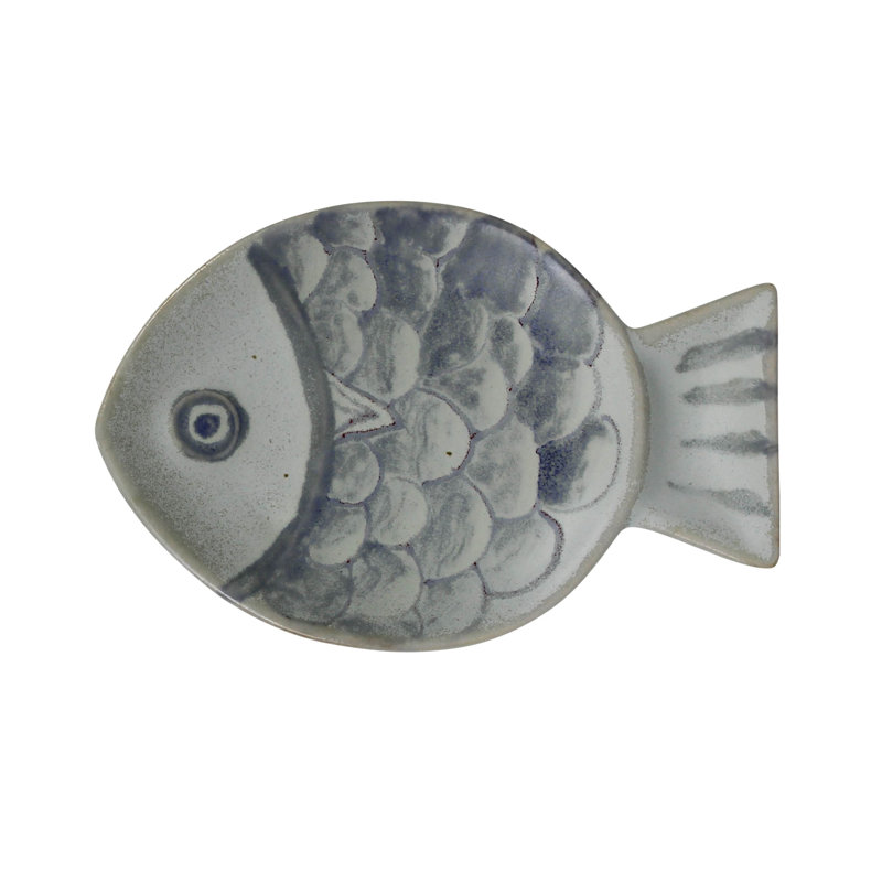 Plateau à poisson, céramique - petit, 4" W x 6" D x 1" H, Blanc / Bleu