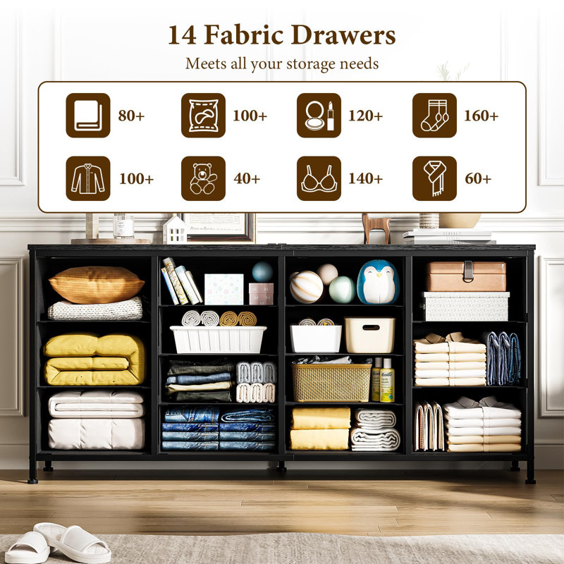 Meuble télé 63 po avec 14 tiroirs en tissu, commode longue pour téléviseur jusqu'à 75 po, centre de divertissement avec prise de courant