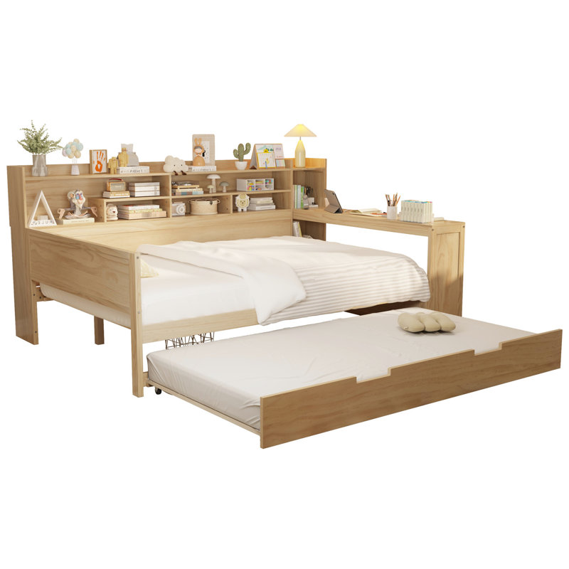 Lit de jour en bois naturel avec rangement polyvalent, lit gigogne et bureau pratique avec rangement, table pratique, Naturel