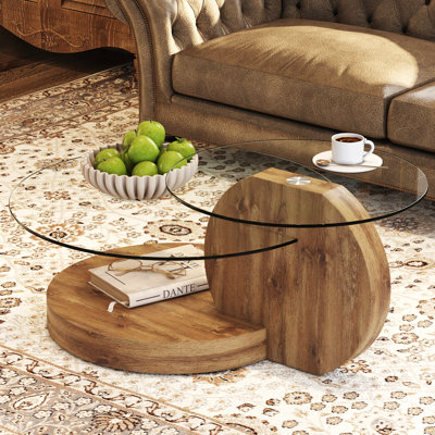 Table ronde moderne et pratique à double couche. Plateau de table en verre, pieds de table en bois aggloméré. Convient pour le bureau, la salle à manger et le salon noyer