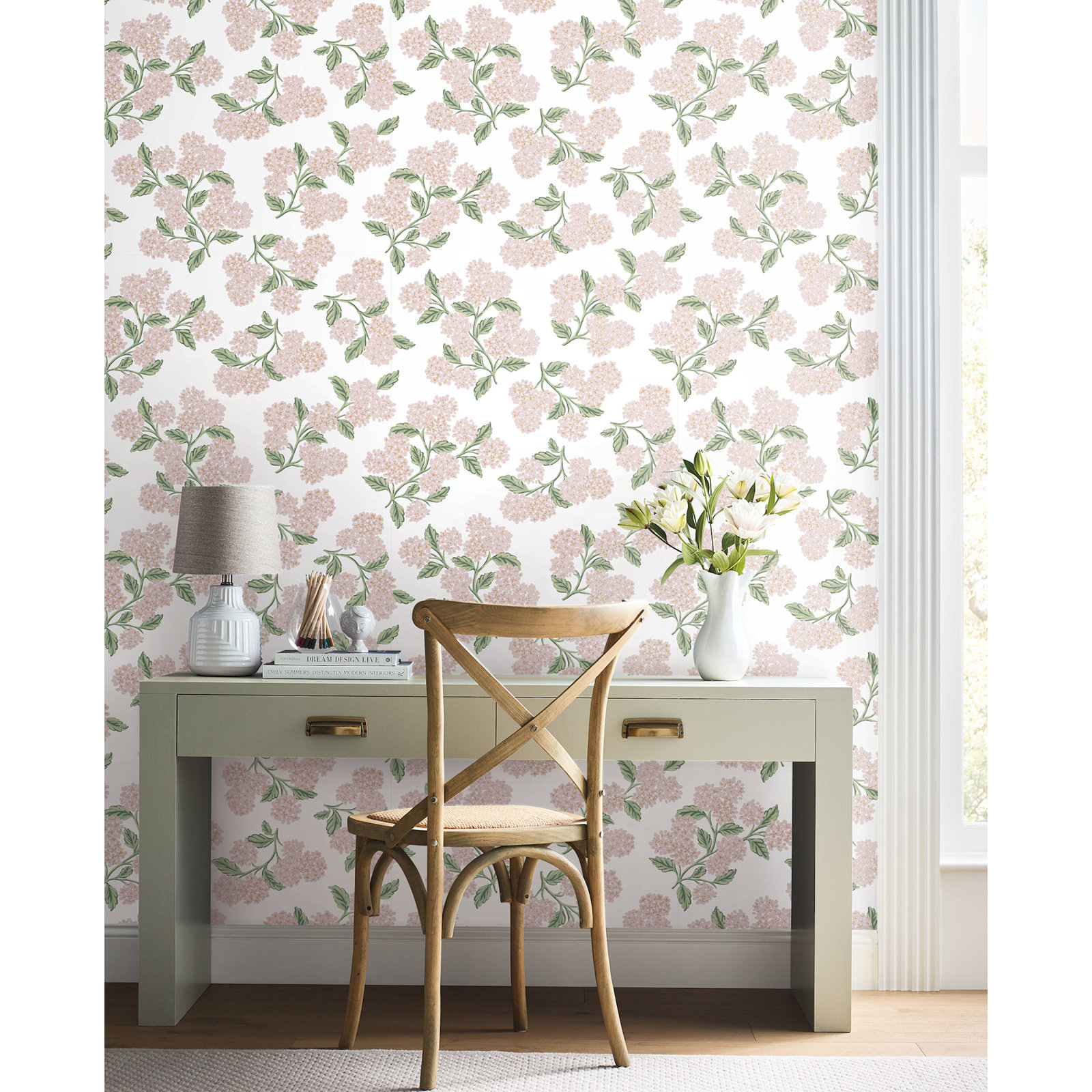 Hydrangea White Peel and Stick Wallpaper, Pink