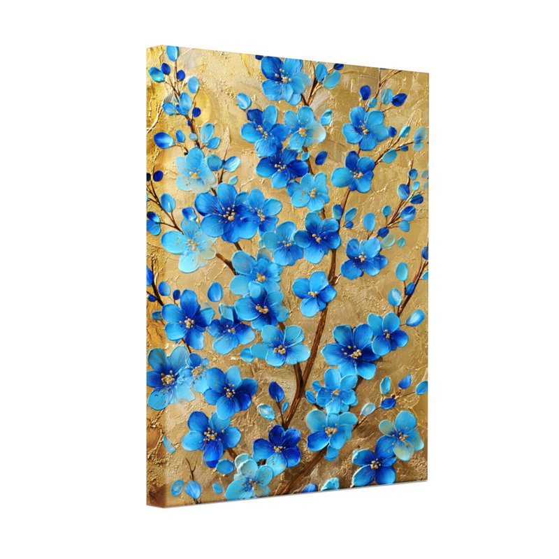 Plantes et fleurs, fleurs bleues sur fond doré, reproduction d'art, H 30 po x l 20 po