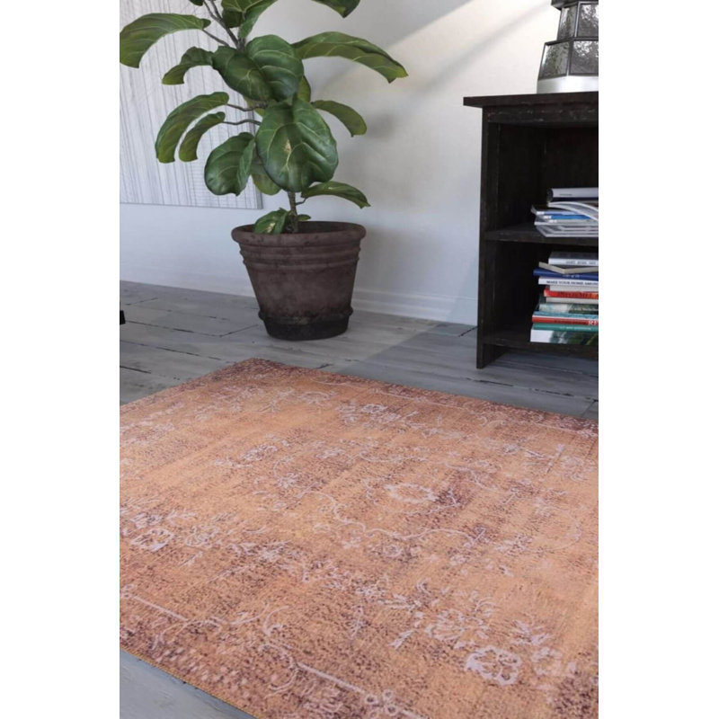 Tapis brun à motif tissé rétro, Rectangle 4 pi 8 po x 6 pi 3 po