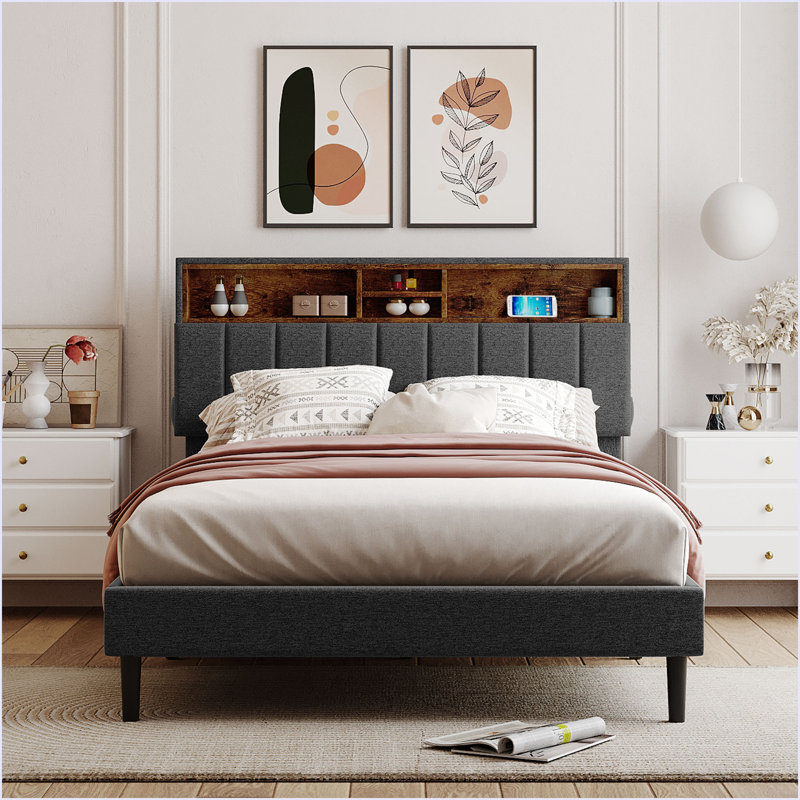 Lit plateforme tapissier avec tête de lit et port USB, Gris, Double