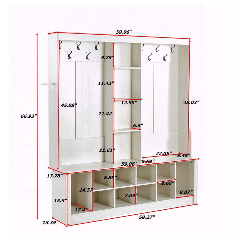 White Hall Tree with Adjustable Shoe Storage and Hooks
