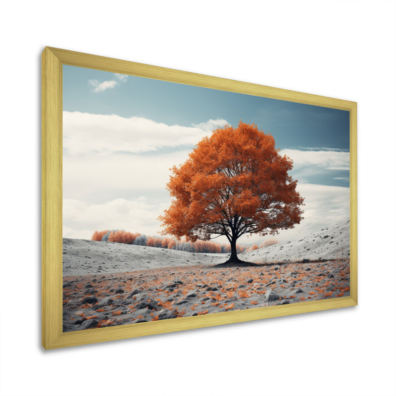 «Red Tree Autumn Whispers - Landscape Trees», reproduction d'art sur toile, Encadrement doré, H 12 po x l 20 po x P 1 po