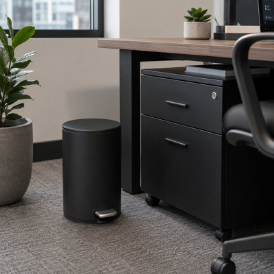 Matte Black Stainless Steel 5-Liter Round Step Trash Can with Removable Inner Bucket – Quiet, Compact Waste Bin for Bathroom, Bedroom, or Office