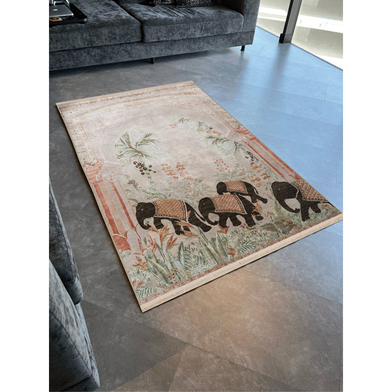 Tapis décoratif à motif de poudre d'éléphants et de palmiers, Rectangle 4 pi 7 po x 6 pi 6 po