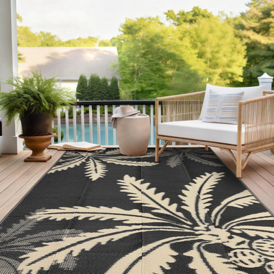 Tapis d'extérieur imperméable 8 x 10 pour patio, tapis moderne réversible, grand tapis de paille en plastique pour camping, véhicule récréatif, porche, arrière-cour, terrasse, pique-nique, plage, noir et brun