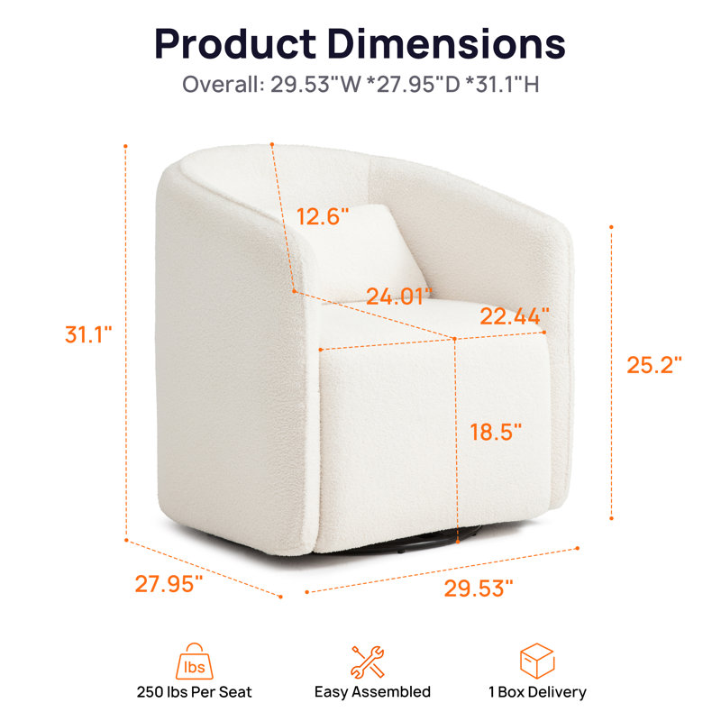 Swivel Accent Chair, Comfy Barrel Chairs With Storage, Small 360° Round Swivel Armchair, White