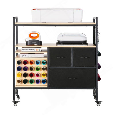 Chariot roulant roulant et table de rangement avec 20 porte-rouleaux en vinyle 3 tiroirs noir